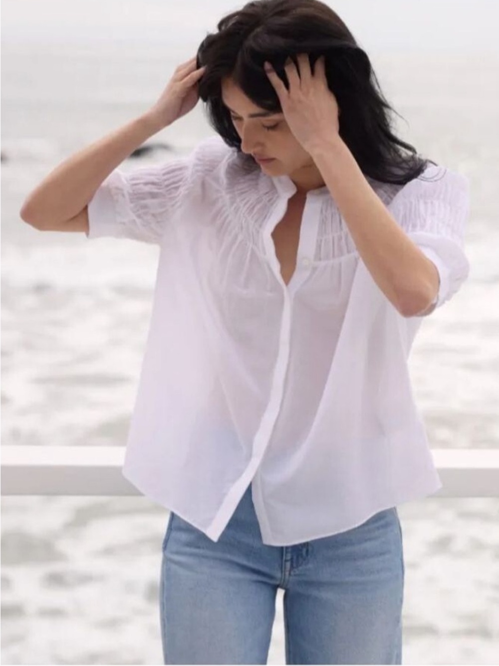 AYR Silk Cotton The Love Spell Blouse White Ruched Flowy Size M